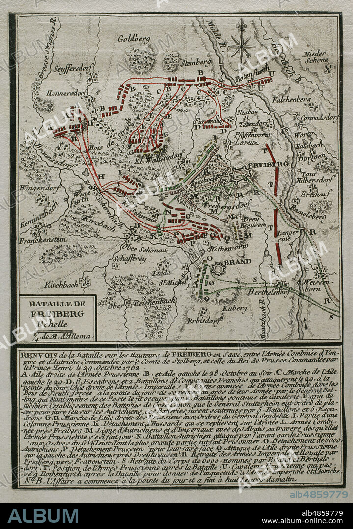 JEAN DE BEAURAIN (1696-1771). FRENCH GEOGRAPHER.. Seven Years War (1756-1763). Third Silesian War. Map of the Battle of Freiberg (29 October 1762). The Prussian army led by Prince Henry of Prussia, defeated an Austrian army under Frederick Charles of Stolberg-Gedern and Andras Hadik. Published in 1765 by the cartographer Jean de Beaurain (1696-1771) as an illustration of his Great Map of Germany, with the events that took place during the Seven Years War. Etching and engraving. French edition, 1765. Military Historical Library of Barcelona (Biblioteca Histórico Militar de Barcelona). Catalonia. Spain.
