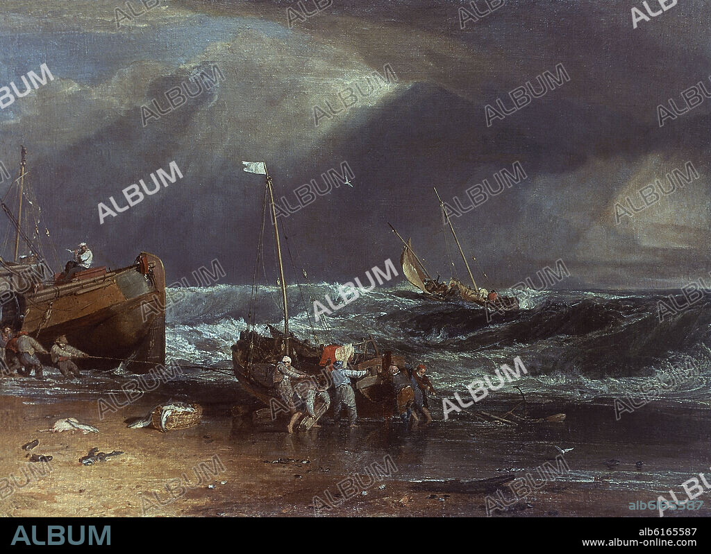JOSEPH MALLORD WILLIAM TURNER (1775-1851). SACANDO LA BARCA EN DIA DE TORMENTA - SIGLO XIX.