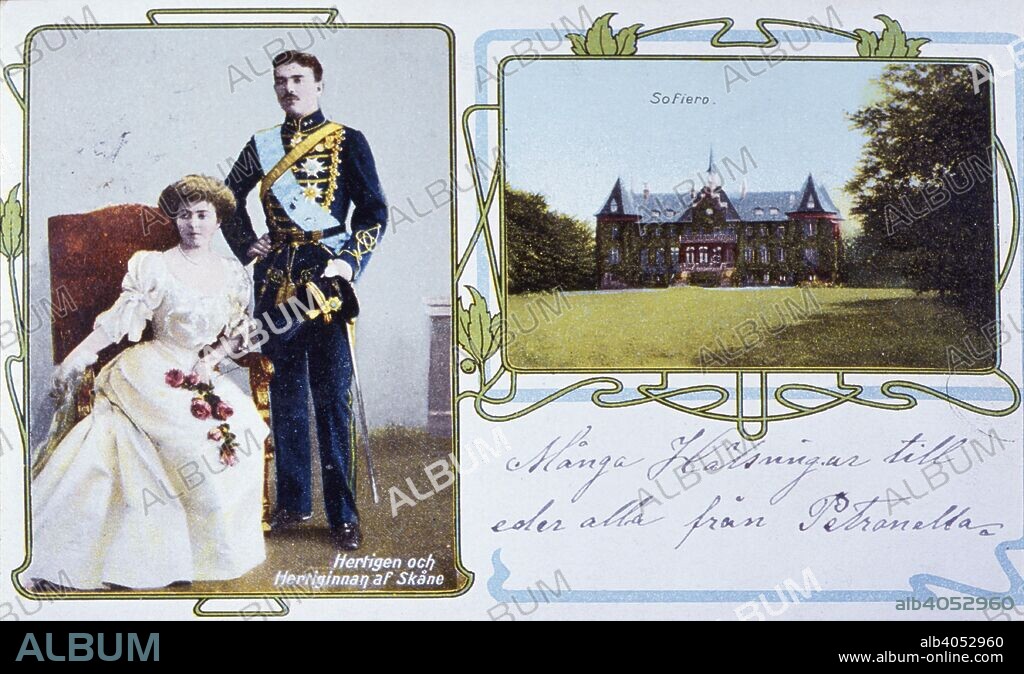 Crown Prince Gustaf Adolf of Sweden and Crown Princess Margaret, 1910s. Postcard. Gustaf VI Adolf (1882-1973) was King of Sweden from 1950 until his death. He married Princess Margaret of Connaught (1882-1920), daughter of Arthur, Duke of Connaught, the third son of Queen Victoria, in 1905. To the right of the prince and princess is a picture of Sofiero Castle in Scania, which was given to them as a wedding gift. Gustav Adolf continued to use the castle as his summer residence after he became king.