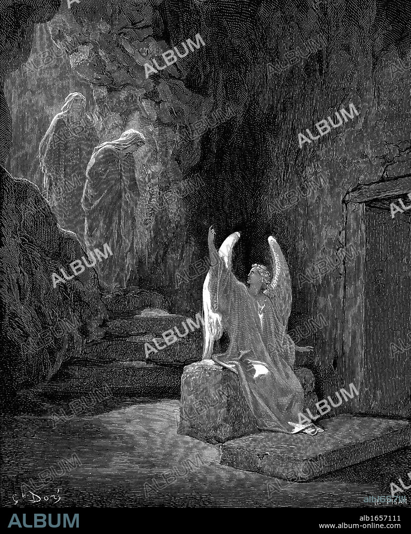 Angel showing Mary Magdalene and the other Mary Christ's empty tomb. Mark 16.5. From Gustave Dore illustrated Bible 1865-6. Wood engraving.