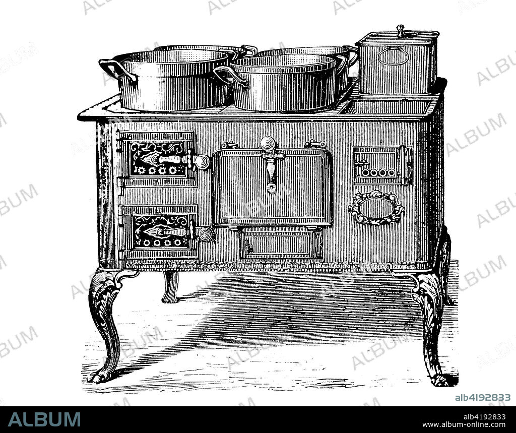 cookers and kitchen machines 1895: A wood burning iron stove, digital improved reproduction of an original print from the 19th century.
