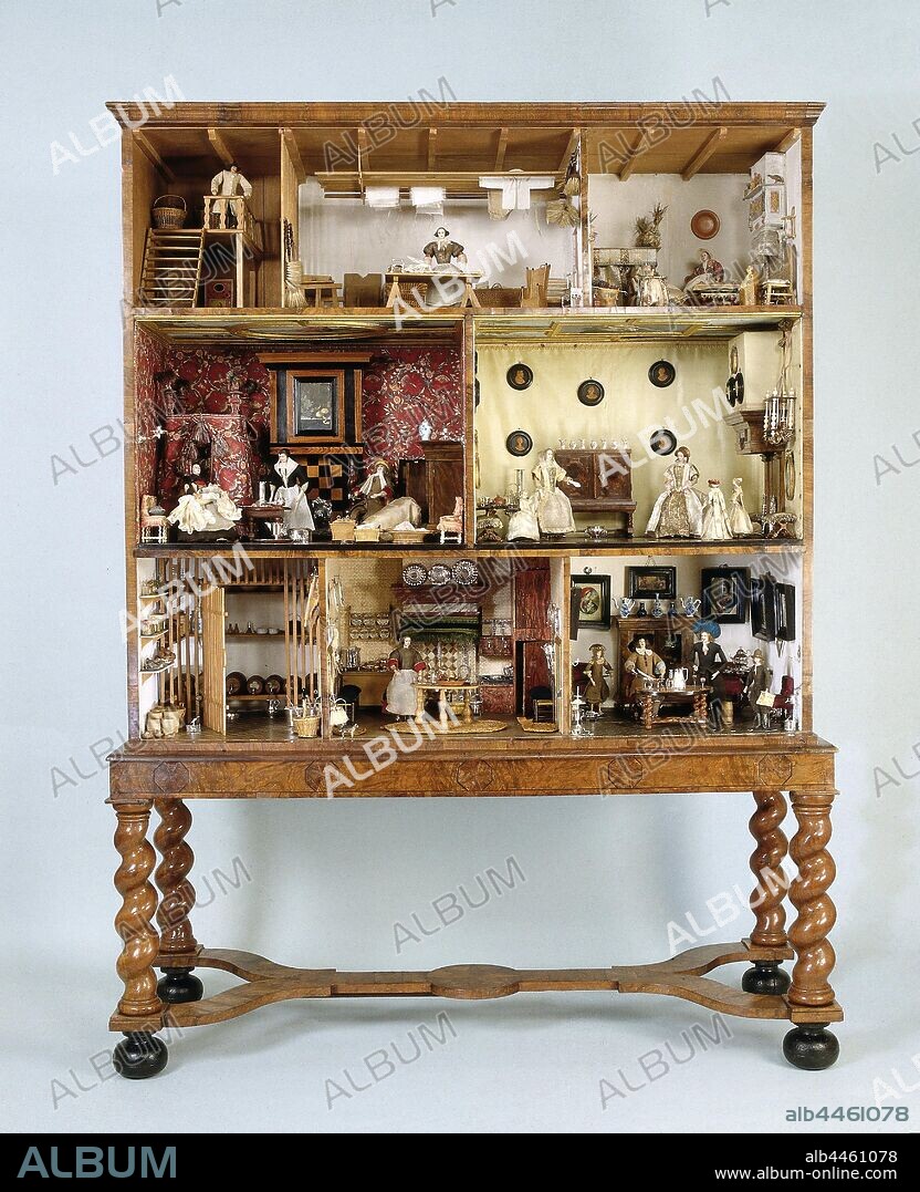 Dolls ’house of Petronella Dunois Dollhouse by Petronella Dunois, Dollhouse in a cupboard glued with burr walnut on an oak core. The swinging legs are connected by a double Y-shaped cross, with an oval intersection. The sides display eight-pointed stars within circles. Behind the doors, in which openings have been cut out, are v.l.n. the following spaces installed: below: cellar, kitchen, dining room, middle: maternity and best room, upstairs: peat loft, attic, children's room. The house is filled with a collection of miniature objects and twenty-one dolls, interior of the house, storage space, (playing with) dolls, furniture and household effects, Petronella Dunois, anonymous, Amsterdam, c. 1676, wood (plant material), oak (wood), ebony (wood), cardboard, chintz, silk, gilding (material), h 200 cm × w 150.5 cm × d 56 cm.