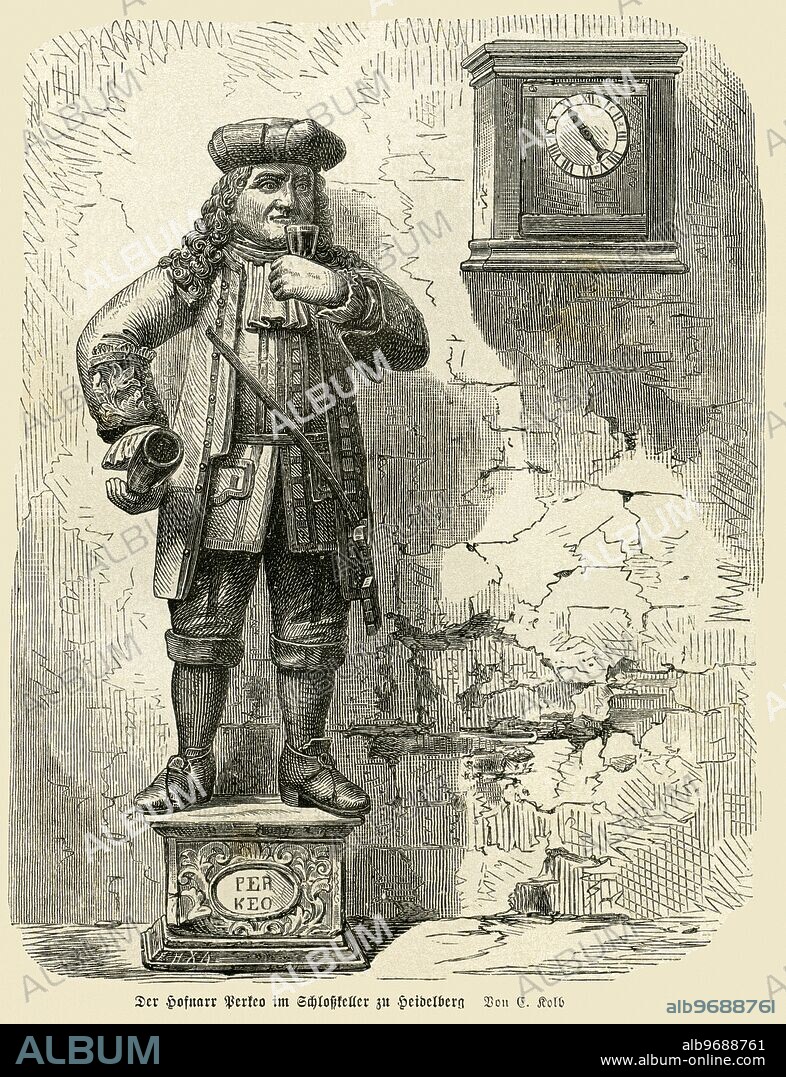 Europe, Germany, Baden-WvÂºrttemberg, Heidelberg, Perkeo, Court dwarf of Charles III Philipp in Heidelberg, guardian of the Heidelberg Tun in the Heidelberg Castle , engraving by C. Kolb, probably from a magazine, around 1880th ? , there are no rights of art .