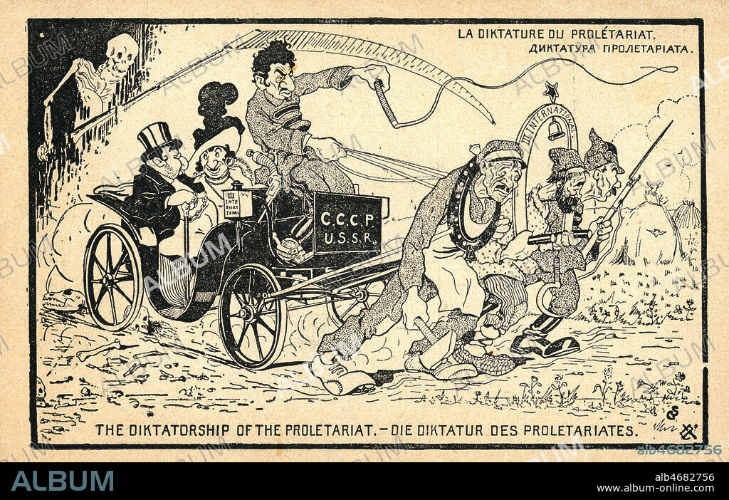 'La dictature du proletariat'. Couple de nantis juifs dans un fiacre conduit par Trotsky et traines par un ouvrier, un paysan et un soldat . Caricature contre la revolution russe et le regime bolchevik, en 4 langues. Carte postale russe vers 1920. Credit : IM/KHARBINE-TAPABOR.