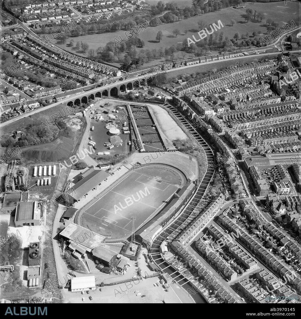Eastville Stadium, Bristol, 1967. Built in 1897, Eastville was the former home of Bristol Rovers Football Club. The ground was demolished in 1998.
