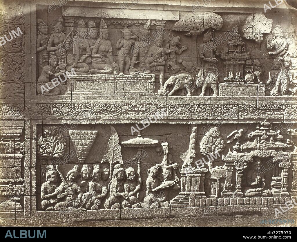 Lalitavistara relief on the main wall of the second gallery (south side) of Candi Borobudur, Magelang, Indonesia. Gallery I, main wall, south side 21 (top): relief 1a-25, Lalitavistara relief, King Suddhodana visited by gods and animals while living as a hermit during Queen Maya's pregnancy. 22 (bottom): relief 1b-25, Avadana relief, unidetified offering scene at a temple site. Borobudur village, Magelang district, Central Java Province, 778-824 AD. Isidore van Kinsbergen, 1873.