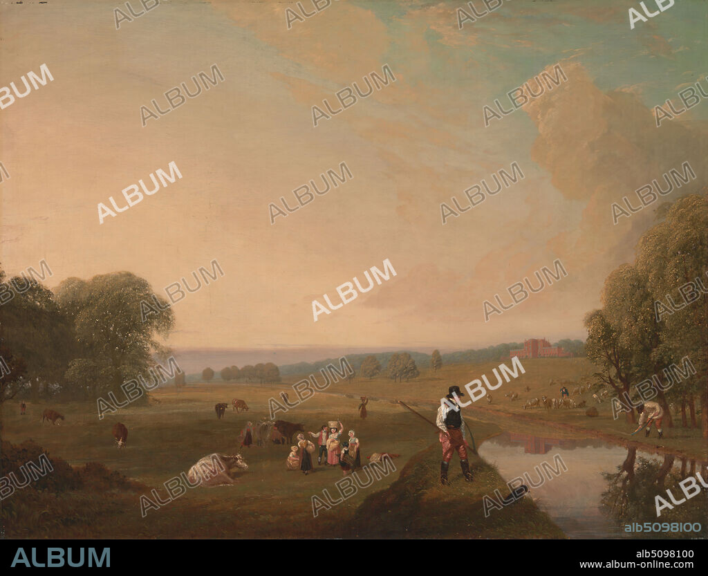 A View of Theobald's Park, Hertfordshire, John James Chalon, 17781854, French, active in Britain, ca. 1840, Oil on canvas, Support (PTG): 24 1/2 x 31 3/4 inches (62.2 x 80.6 cm), animals, boots, breeches, buckets, cattle, children, dog (animal), dwelling, family, farmland, fields (agricultural land), grazing, hill, house, laborers, landscape, livestock, men, palace, pasture, shirt, stream, tool, top hat, vest, view, water, women, workers, Cheshunt, England, Hertfordshire, United Kingdom.