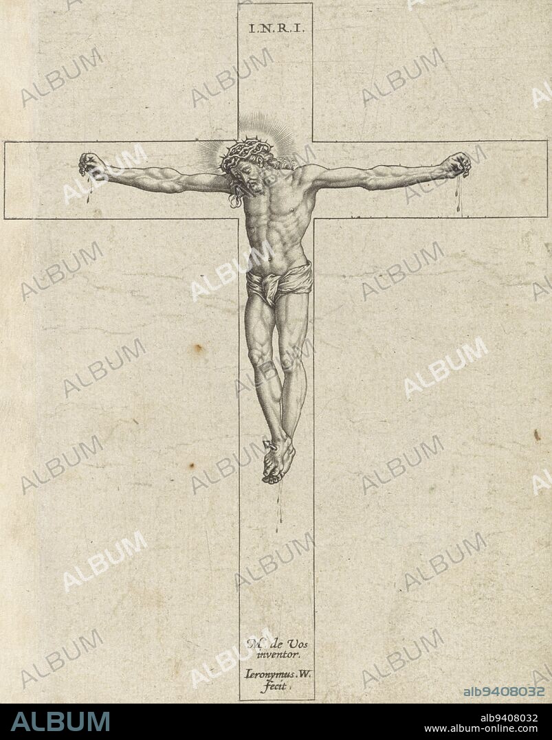 Christ hanging on the cross, the crown of thorns on his head. The cross is set against a blank background and marked at the top: I.N.R.I., Christ on the Cross, print maker: Hieronymus Wierix, (mentioned on object), Maerten de Vos, (mentioned on object), Antwerp, 1563 - before 1619, paper, engraving, h 142 mm × w 108 mm.