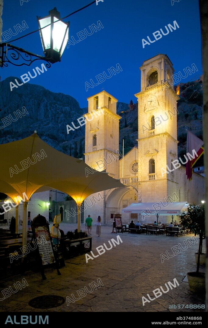 St. Tryphon Cathedral at night, Old Town, UNESCO World Heritage Site, Kotor, Montenegro, Europe.