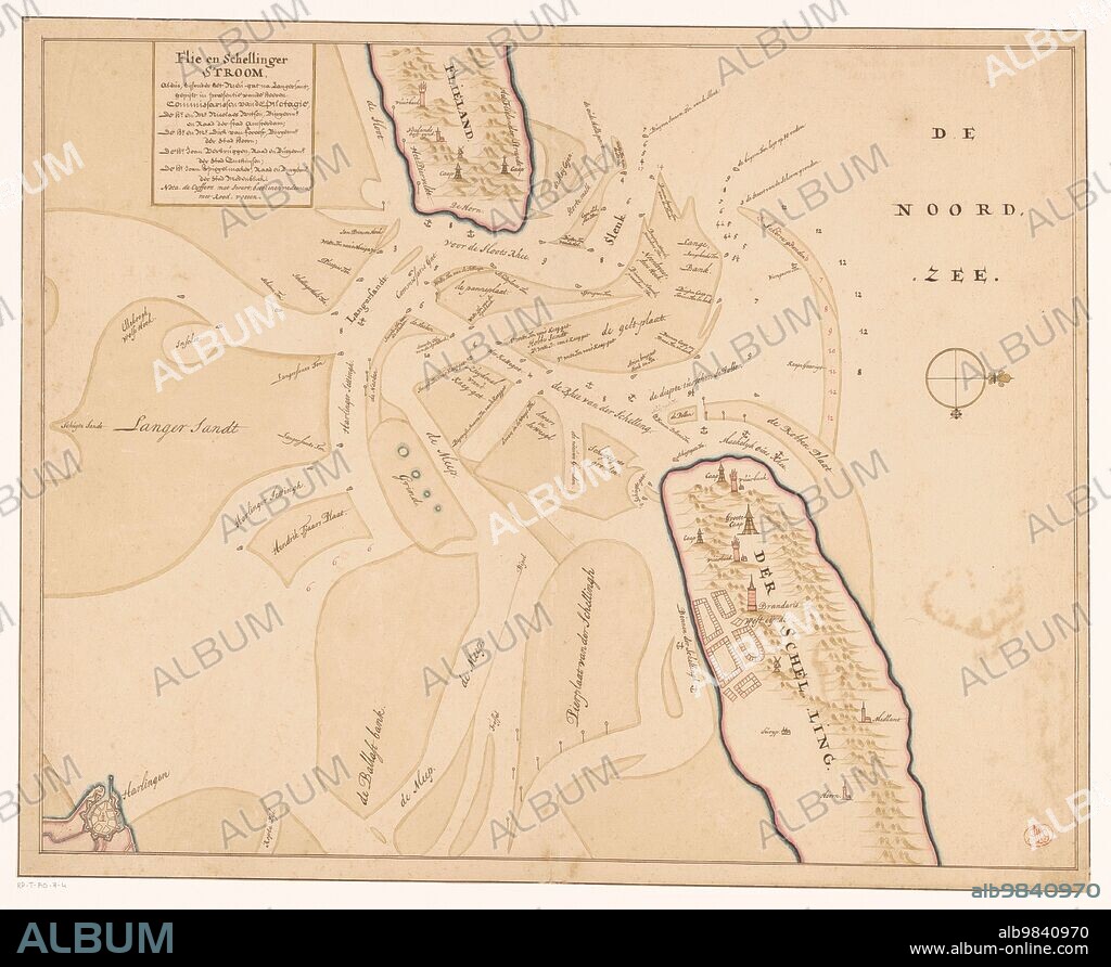 ISAAK DE GRAAF. Map of Vlieland, Terschelling and the surrounding sandbanks, 1708 or later. At top left the title: 'Flie en Schellinger stroom' [stream], and a comment: 'Note the cyffers with black, mean fathoms [vadem]; With red, feet'. Possibly by Isaac de Graaf.