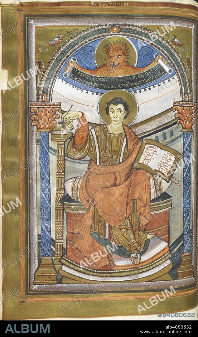 St Mark, seated, dipping his pen into an inkwell. He holds a book open at the text of chapter 13, 35-36. Above him, his symbol, the lion, holds open a scroll bearing the beginning of his gospel. Harley Golden Gospels. Four Gospels (the 'Golden Gospels', 'Harley Golden Gospels'; 'Codex Aureus'), with canon tables. Carolingian Empire [Aachen?]; circa 800. Source: Harley 2788, f.71v. Language: Latin.