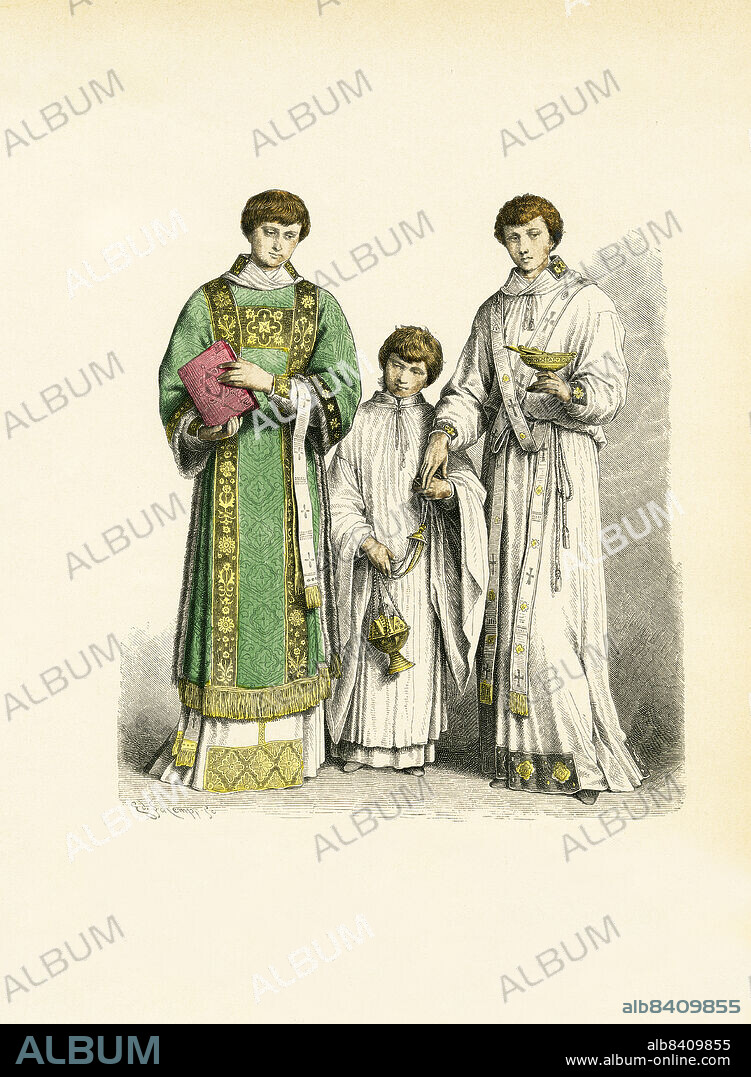 Ecclesiastical Vestments, Deacon with Dalmatic and Alb, Acolyte in Surplice, Subdeacon in Alb and Colored Stole, 16th and 17th Centuries, Illustration, The History of Costume, Braun & Schneider, Munich, Germany, 1861-1880.