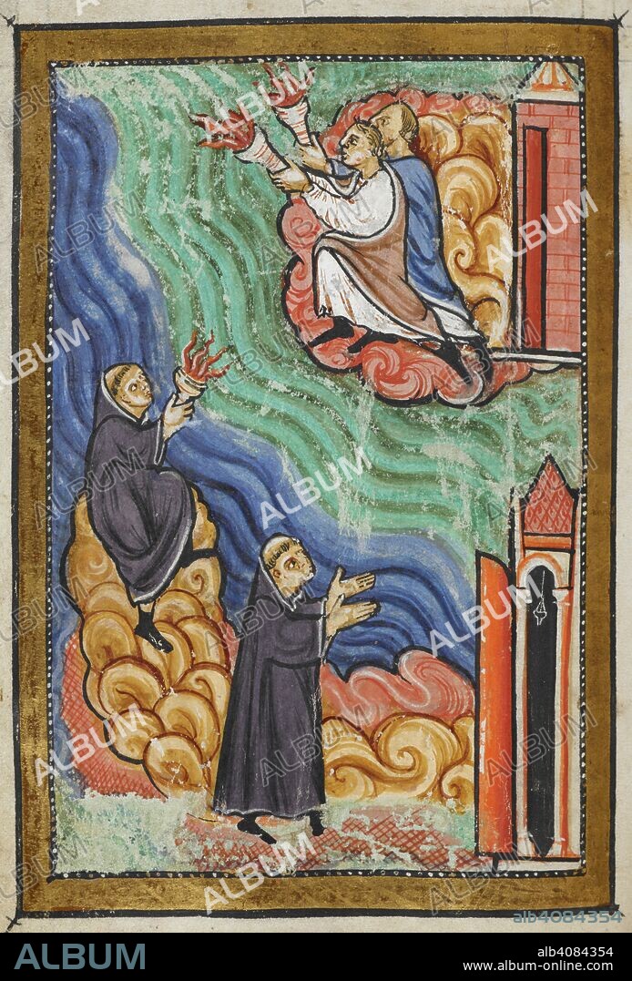 Miniature of monks at Cuthbert's hermitage signalling with torches to the monks of Lindisfarne that Cuthbert is dead, from Chapter 40 of Bede's prose Life of St Cuthbert. Prose Life of St. Cuthbert; extracts from the Historia Ecclesiastica (History of the English Church and People). England, N. (Durham). Last quarter of the 12th century. Source: Yates Thompson 26 f.74v. Language: Latin.