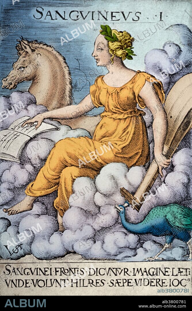 Sanguine. A young woman rides in the clouds with various attributes of the sanguine temperament such as the horse Pegasus, a peacock, a lute and a music book. Humorism was a belief that an excess or deficiency of any of four distinct bodily fluids known as humors in a person directly influences their temperament and health. From Hippocrates onward, the humoral theory was adopted by Greek, Roman and Persian physicians, and became the most commonly held view of the human body among European physicians until the advent of modern medical research in the nineteenth century. The four humors of Hippocratic medicine are black bile, yellow bile, phlegm, and blood, and each corresponds to one of the traditional four temperaments. Four temperaments is a belief that there are four fundamental personality types, sanguine (pleasure-seeking and sociable), choleric (ambitious and leader-like), melancholic (analytical and literal), and phlegmatic (relaxed and thoughtful). Engraving by Virgilius Solis, the Elder, 16th century. This image has been color-enhanced.