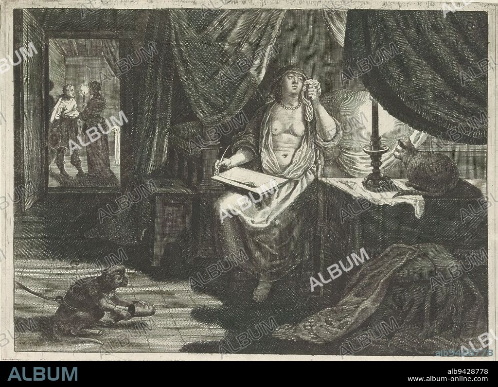 Byblis writes her brother Caunus a love letter, Metamorphoses by Ovid (series title), Byblis is in love with her brother Caunus and writes him a love letter explaining her feelings. A cat and a monkey look on. In the background, a servant gives Caunus the letter., print maker: Crispijn van de Passe (II), publisher: Crispijn van de Passe (II), (attributed to), c. 1636 - 1670, paper, engraving, height 167 mm × width 230 mm.