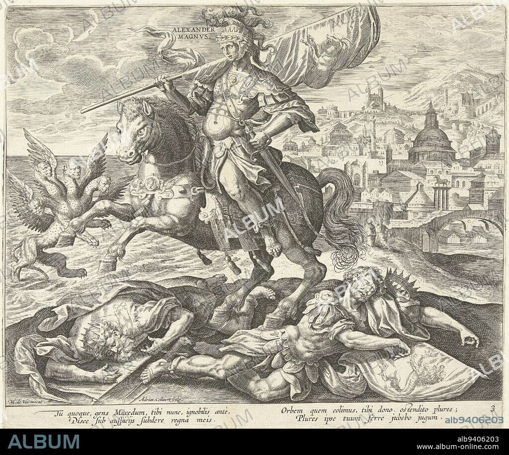 Alexander the Great riding a horse, in his hand a flag depicting a mountain goat (Greece). The horse tramples King Cyrus of Persia and Ninus of Babylonia. In the background a cityscape. Next to Ninus, a four-headed leopard with wings emerges from the sea, a reference to a dream of Daniel (Daniel 7) about the rise of four kingdoms in the world. The print has a Latin caption and is part of a four-part series relating four rulers of antiquity to the predictions of Daniel. Alexander the Great as the third king from Daniel's vision Rise of four world kingdoms and four rulers from Daniel's vision , print maker: Adriaen Collaert, (mentioned on object), Maerten de Vos, (mentioned on object), publisher: Claes Jansz. Visscher (II), (mentioned on object), print maker: Antwerp, Antwerp, publisher: Amsterdam, 1570 - 1618, paper, engraving, h 225 mm × w 262 mm.