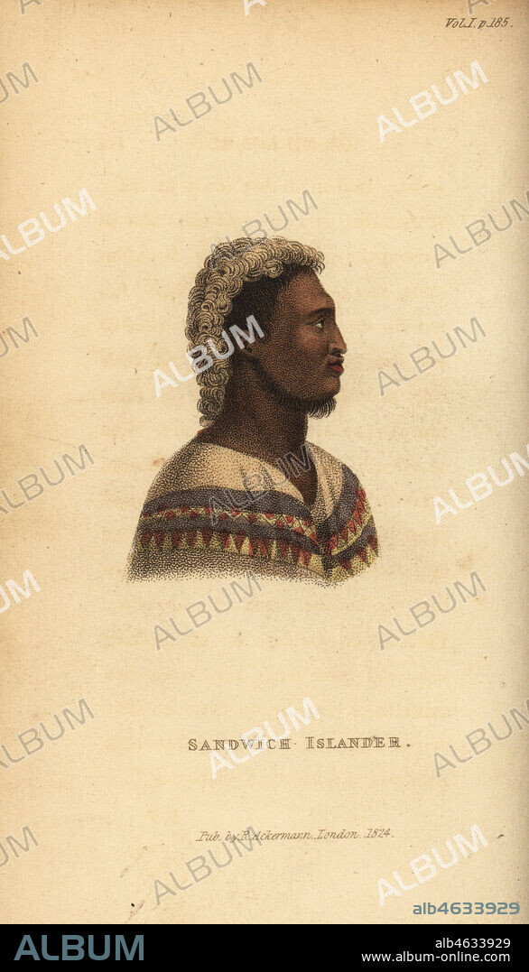 Native man of Hawaii (Sandwich Islander). Handcoloured stipple engraving from Frederic Shoberl's The World in Miniature: The South Sea Islands, Ackermann, London, 1824. Copied from an illustration by Louis Choris in Otto von Kotzebue's Picturesque voyage around the world, 1822.