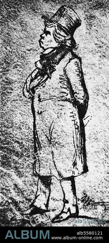 JOSEF DANIEL BOEHM. Beethoven, Ludwig van Composer, Bonn (baptised) 17.12.1770 - Vienna. 26.3.1827. Beethoven taking a walk. Drawing, c. 1820, by Josef Daniel Böhm (1794-1865).