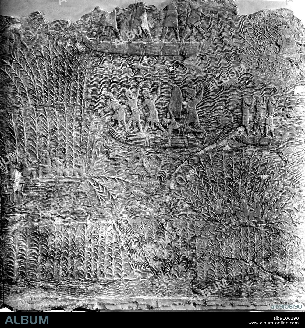 Ancient warfare: An attack on marsh dwellers in southern Mesopotamia; relief from the palace of Sennacherib (south west) at Kuyunjik (Ninevah) 704-681 B.C.