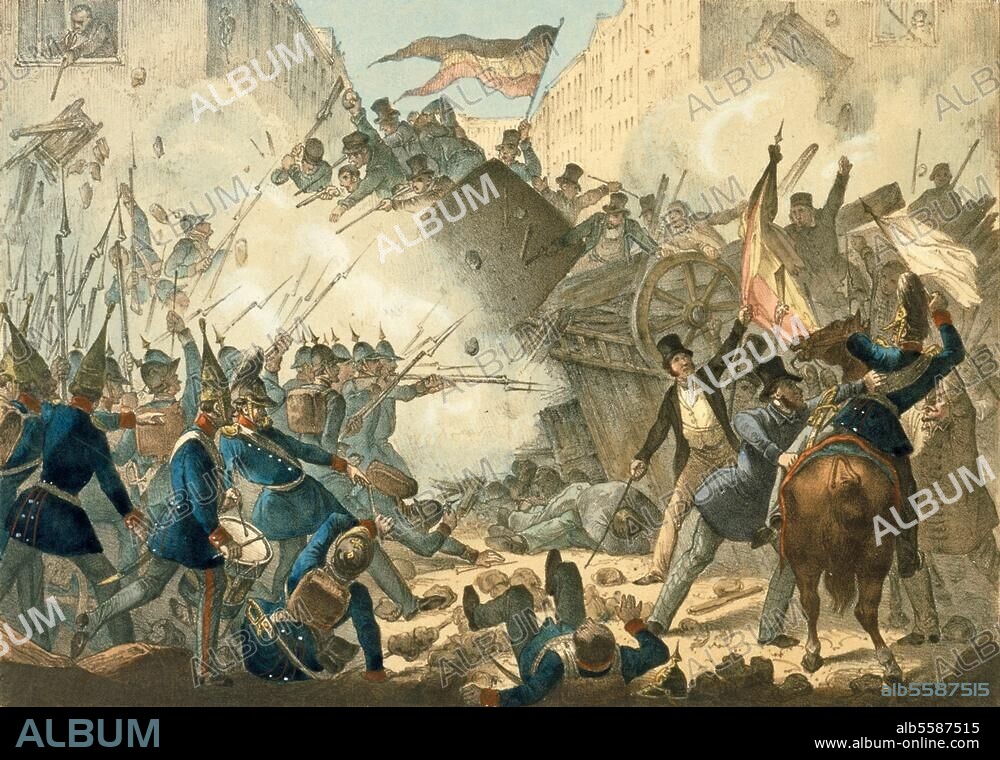 ANONYMOUS. 1848/49 Revolution: Street battles in Berlin on 18-19 March 1848. "The people of Berlin's glorious barricade battle against the military, 19th March 1848.". Chlak lithograph, coloured, contemporary Nuernberg (P.C.Geissler). Berlin, Historical documentation of the city.