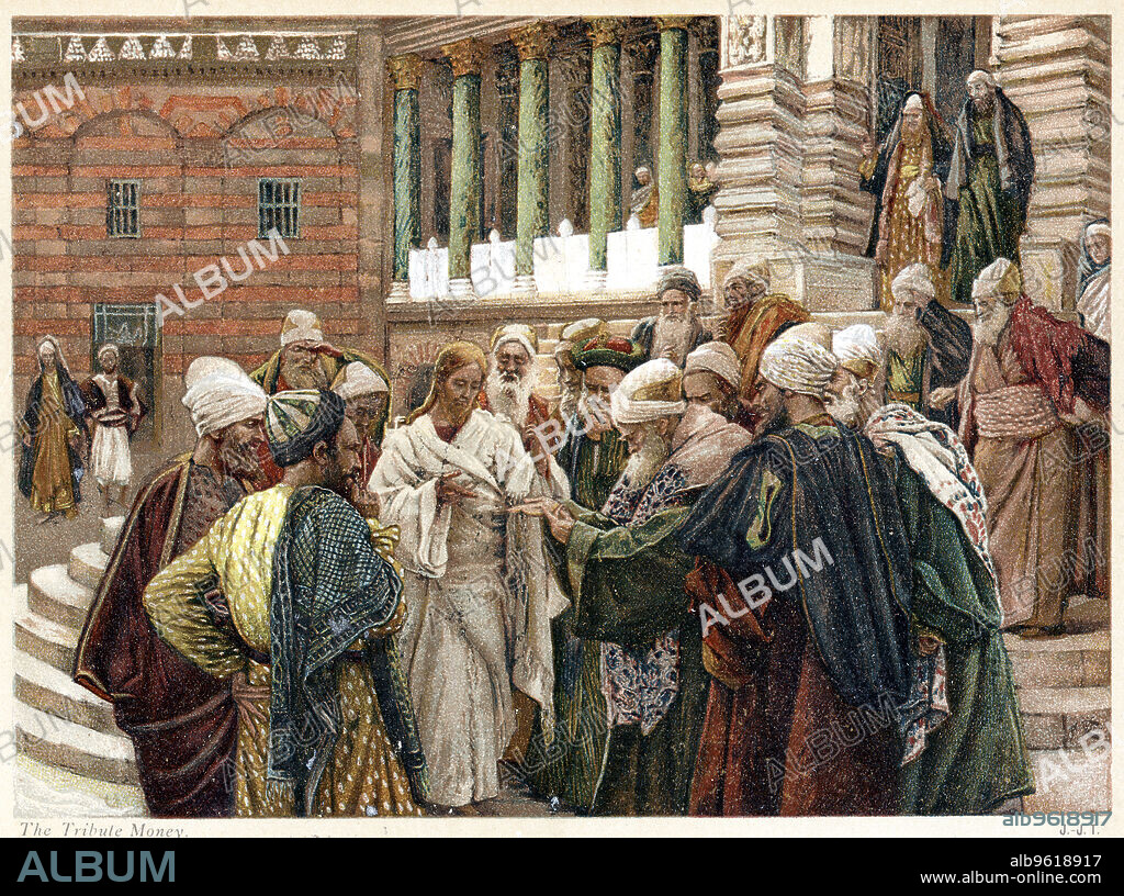 JAMES TISSOT. The tribute money, c1890. In an attempt to entrap Jesus, the Pharisees sent men to ask if it was right for Jews to pay taxes to the Romans. He looked at a coin bearing the Emperor's image, telling his questioners to render up to Caesar what was Caesar's (Matthew 22:15-21). From The Life of Our Saviour Jesus Christ by JJ Tissot. (London, c1890).