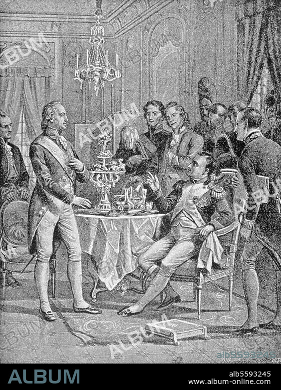Goethe, Johann Wolfgang von ; écrivain allemand ; 1749-1832. "Rencontre entre Goethe et Napoléon lors de l'Entrevue d'Erfurt, 2 octobre 1808". Dessin, fin XIXe siècle.