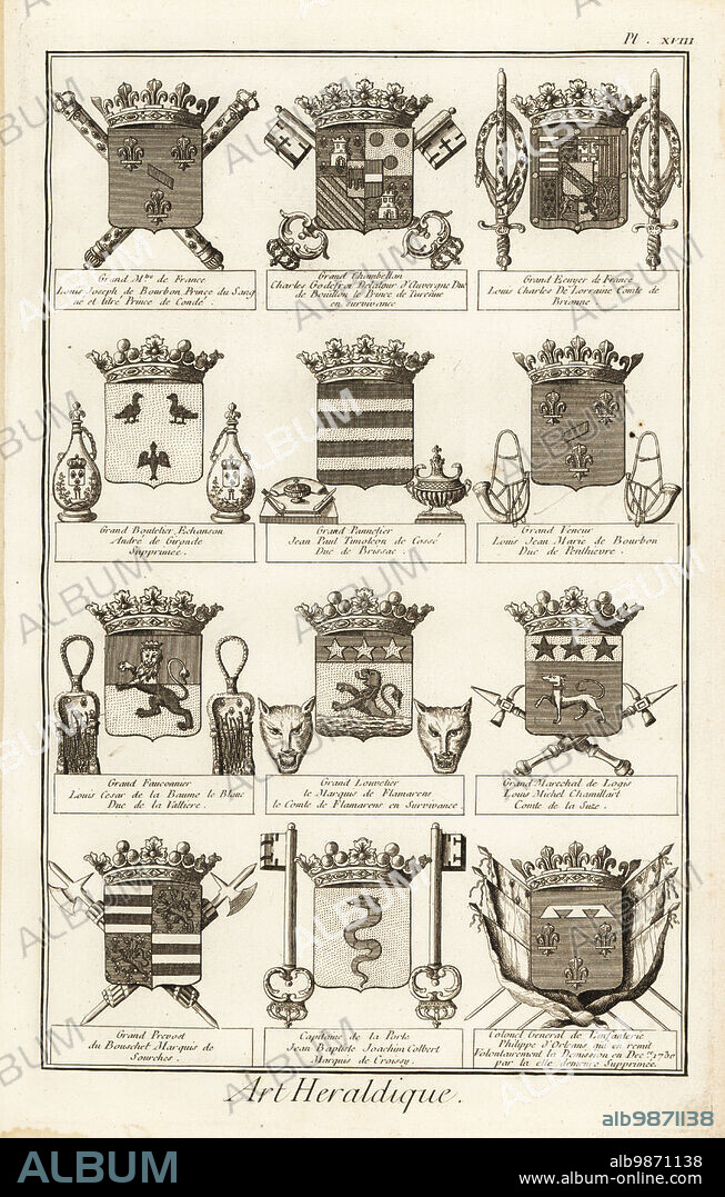 Coats of arms of French dignitaries. Grand Maitre de France, Grand Chamberllan, Grand Ecuyer, Grand Boutelier Echanson, Grand Pannetier, Grand Veneur, Grand Louvetier, Grand Marechal de Logis, Capitaine de la Porte, etc. Copperplate engraving by Robert Benard from Blason ou Art Heraldique, the heraldry section from Denis Diderot and Jean-Baptiste le Rond dAlemberts Encyclopedie, published by Brisson, David, Le Breton and Durand, Paris, 1763.