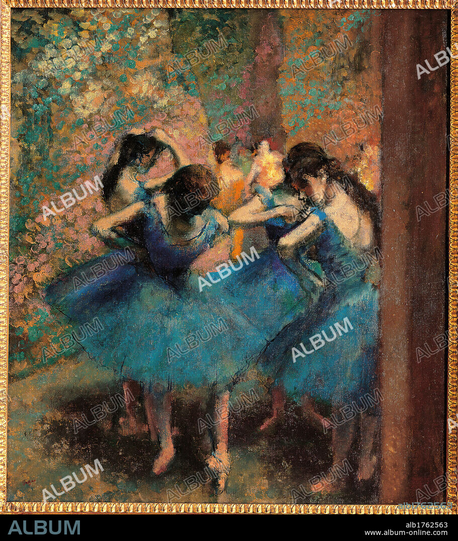 Dancers in Blue (Danseuses bleues), by Edgar Degas, 1893 about, 19th Century, oil on canvas, cm 86 x 75,5. France, Ile de France, Paris, Muse dOrsay. All. Dancers blue dance Opra young woman girl posture brown.