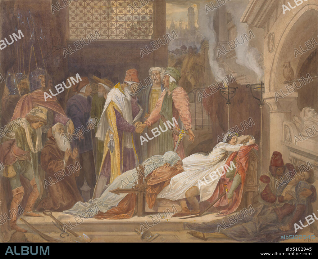 The Reconciliation of the Montagues and the Capulets, Frederic Leighton, 18301896, British, 1854, Watercolor with gouache over graphite on moderately thick, slightly textured, cream laid paper, Sheet: 15 9/16 x 20 3/4 inches (39.6 x 52.7 cm), architectural subject, boots, breeches, capitals, chisel, city, cloaks, columns, crying, daggers, dress, fire, flowers (plants), gesturing, grief, hats, helmets, lantern, lattice, literary theme, lovers, men, owl, pillar, pincers, play, plays by William Shakespeare, purses, railing, Romeo and Juliet, play by William Shakespeare, roundel (architectural element), sadness, sarcophagus, sheaths, shoes, shovel, smoke, spears, staff, steps, stockings, suicide, swords, tomb, torchieres, tunics, veil, watchmen, wedding dress, women, Europe, Italy, Verona.