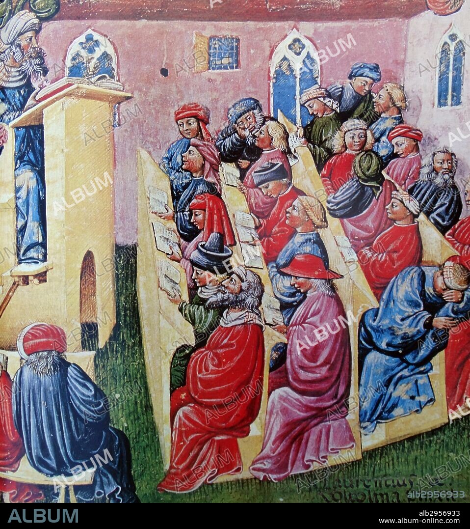 Fresco of a German University Classroom depicting a lecture with both male and female students. Dated 14th Century.