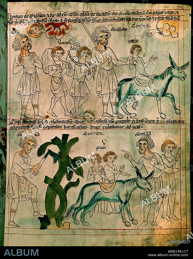 BIBLIA VELISLAVOVA - LA PRUEBA DE ABRAHAM - EL SACRIFICIO DE ISAAC - GENESIS XXII - MANUSCRITO SIGLO XIV.