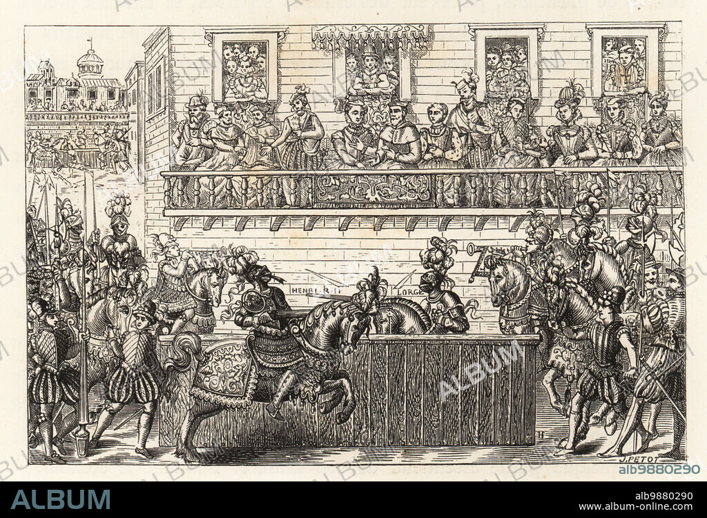 King Henry II of France mortally wounded in the face by the lance of Gabriel de Montgomery in a tournament, 1559. From a 16th century print. Le roi Henri II blesse par Montgomery dans un tournoi. Woodcut by Jules Huyot from Paul Lacroixs La Vie Militaire et Religieuse au Moyen Age et a lEpoque de la Renaissance, Military and Religious Life in the Middle Ages and the Renaissance, Paris, 1873.