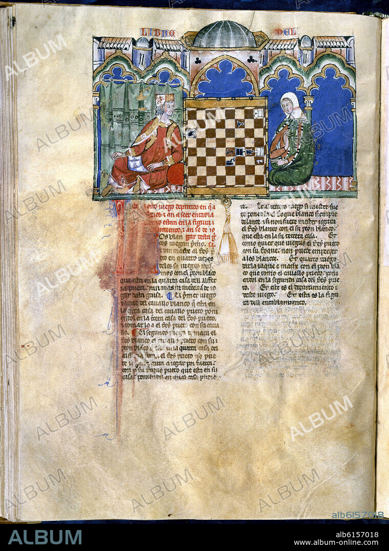ALFONSO X DE CASTILLA EL SABIO. LIBRO DE JUEGOS O LIBRO DEL AJEDREZ DADOS Y TABLAS - 1283 - FOLIO 47V - EL REY ALFONSO X JUGANDO AL AJEDREZ - MANUSCRITO GOTICO.