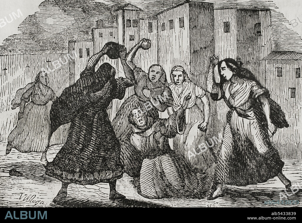 Historia de España. Cataluña. Primera Guerra Carlista (1833-1840). Motines anticlericales de 1835. Revueltas contra las órdenes religiosas que se produjeron como consecuencia del apoyo que éstas daban al bando carlista. Bullanga de Barcelona (25 de julio de 1835). En las calles de la ciudad se sucedían los asaltos, incendios y asesinatos de religiosos llevados a cabo por las turbas durante la noche. Mujeres asesinando frailes. Grabado. Panorama Español, Crónica Contemporánea. Tomo III. Madrid, 1845.