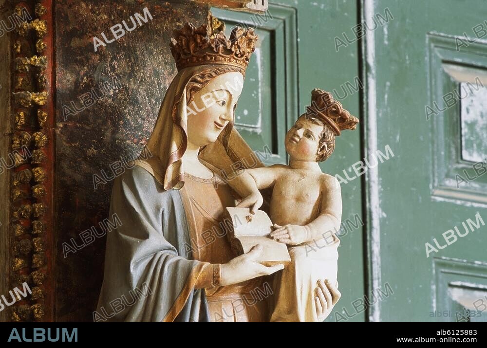 Spanisch, 14.Jahrhundert.-Statue der Maria mit Kind.-Skulptur (Ausschnitt).-Stein, polychrom gefasst. Pampolona (Navarra, Spanien), Kathedrale / Catedral de Santa Maria, Kreuzgang. Foto, 2009.