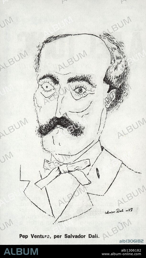SALVADOR DALÍ. Josep Maria "Pep" Ventura Casas (Alcalá la Real, 1817-Figueres, 1875).Músico y compositor de sardanas. Dibujo de Salvador Dalí.
