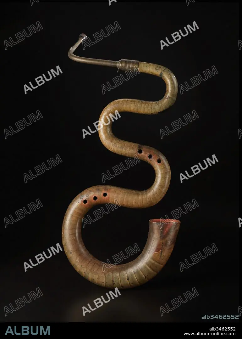 Serpent ca. 1820 Paris France French Wood leather paint brass Overall Height 93 1 2 in. 237.5 cm Aerophone Lip Vibrated C. Baudouin French The serpent is Album alb3462552