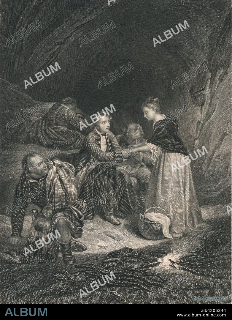 'Chas. Edward (The Pretender) And Flora Macdonald', (mid 19th century). Flora MacDonald (1722-1790) helped the Jacobite pretender Charles Edward Stuart ('Bonnie Prince Charlie', 1720-1788) to escape after his defeat by the English at the Battle of Culloden (1745) in the Highlands of Scotland. He hid in a cave on the Isle of Skye for 5 days in 1746. [John Tallis & Company, London & New York].
