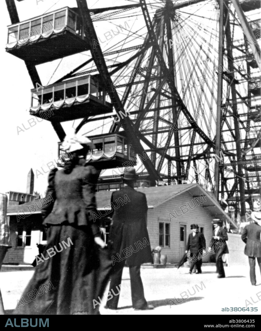 The original Ferris Wheel was the centerpiece of the 1893 World's Columbian Exposition in Chicago, Illinois. The Ferris Wheel was designed and constructed by George Washington Gale Ferris Jr., a graduate of Rensselaer Polytechnic Institute. The wheel rotated on a 71 ton, 45.5 foot axle comprising what was at that time the world's largest hollow forging, manufactured in Pittsburgh by the Bethlehem Iron Company and weighing 89,320 pounds, together with two 16 foot diameter cast-iron spiders weighing 53,031 pounds. There were 36 passenger cars, each fitted with 40 revolving chairs and able to accommodate up to 60 people, giving a total capacity of 2,160. The Ferris Wheel took 20 minutes to make two revolutions, the first involving 6 stops to allow passengers to exit and enter and the second a 9 minute non-stop rotation, for which the ticket holder paid 50 cents. Photo by Weber.
