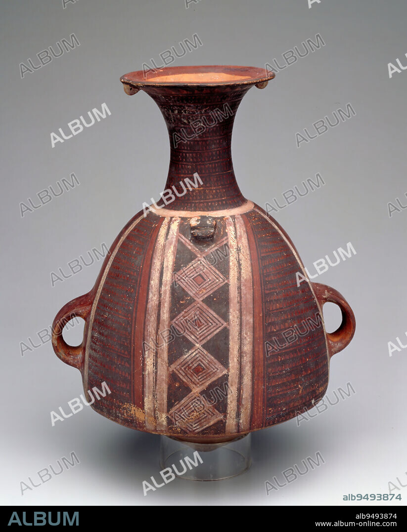 Vessel, 15th century, 13 1/2 in. (34.3 cm), Clay, pigments, Peru, 15th century, Urpu, a distinctively Inka vessel shape, is characterized by a pointed base, bulbous body, low handles, long, slender neck, and flaring rim. The pointed bottom helped balance the vessel in a depression in the earth. Rope was threaded through the handles and around the lug, then strapped onto porters' backs for transport. Rather than adopting the word urpu from the local Quechua language, early archaeologists called this type of vessel aryballos, a name borrowed from an ancient Greek vase form illustrated here in a line drawing. Urpu were produced in and around the Inka capital of Qosqo (Cuzco) for use in making, storing, and transporting food and beverages, in particular chicha or fermented maize beer.