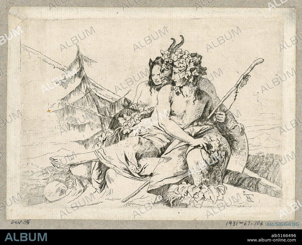Copy of Bacchante, Satyr, and Female Faun, from the series Scherzi di Fantasia, Giovanni Battista Tiepolo, Italian, 1692 - 1770, Etching on laid paper, In the center, a compact group of a bacchante, a satyr and a female faun. They face left. The bacchante holds a thyrsus in her left hand and her right hand rests on a vase. In the background, trees., Italy, 17501760, figures, Print, Print.
