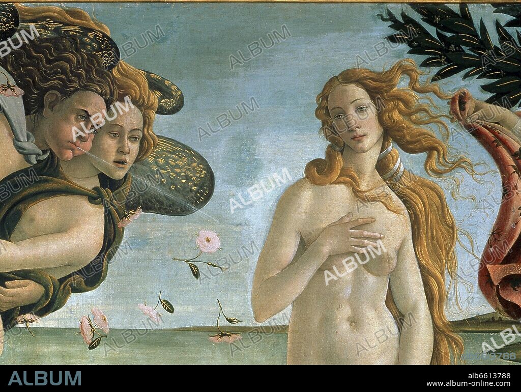SANDRO BOTTICELLI. 'The Birth of Venus' (detail), c. 1486, Tempera on canvas, After restoration.