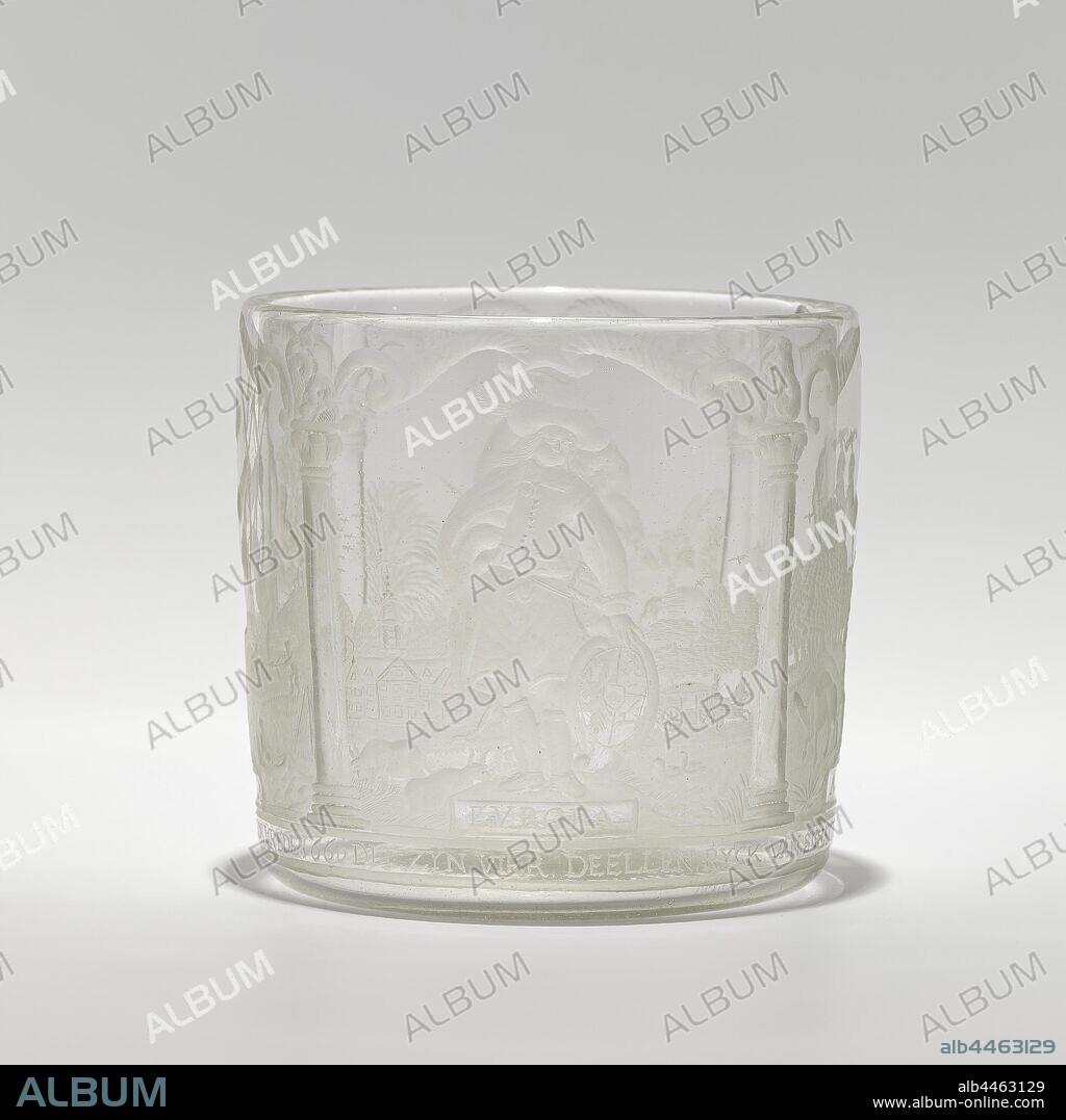 Cup with personifications of the four continents, inserted soil. Cylindrical body. The four continents are depicted on the body. Europe is personified by the Amsterdam mayor Joan Huydecoper (1599-1661), with a feathered hat, standing in front of his Goudesteijn country house, in a landscape with cows and swans. His left hand rests on an oval shield with his weapon, and he stands on a plinth with the inscription EUROPE. In the background on the right a carriage drawn by horses. Asia is personified by a man with a turban and a staff in his right hand. It stands on a plinth with the inscription ASIA in a landscape with trees, a monkey and a dromedary. Africa is personified by a man in an animal skin, seen from behind, in a landscape with palms, an elephant, a lying camel, a walking bird and mountains. In his right hand he holds an arrow, in his left hand a bow, on his back is an arrow quiver. It stands on a plinth with the inscription AFRICA. America is personified by a man with a feather headdress, an arrow quiver on the back, a bow and arrow in the left hand and a parrot in the right hand. It stands on a plinth with the inscription AMERICA on the banks of a river in a landscape with trees, a monkey, a fox and two dogs (?). On the river a man in a rowing boat, on the other side of the river two men are busy with a roasting spit. The four scenes are separated from each other by means of columns, which are connected to each other by volutes. On the capitals of the columns, starting with the column to the left of Europe, are a peacock, a pelican and a parrot. Among the performances a continuous band with the inscription: THIS ZYN FOUR PARTS RYCK OF TREASURES VOLCK AND STEDE: HAER HEIL EXISTS IN THE EARTH DRIVE FLOWERS BY PEACE 1660, America represented allegorically, 'America' (Ripa), Red Indians, American Indians, Amsterdam, Joan Huydecoper van Maarseveen (I), anonymous, 1660, glass, glassblowing, h 8.7 cm × d 9.3 cm d 7.7 cm.