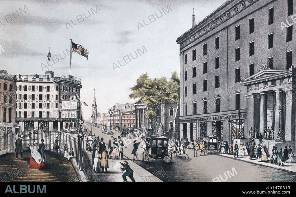 United States. Broadway. New York. Coloured lithograph by N. Currier. 19th century.