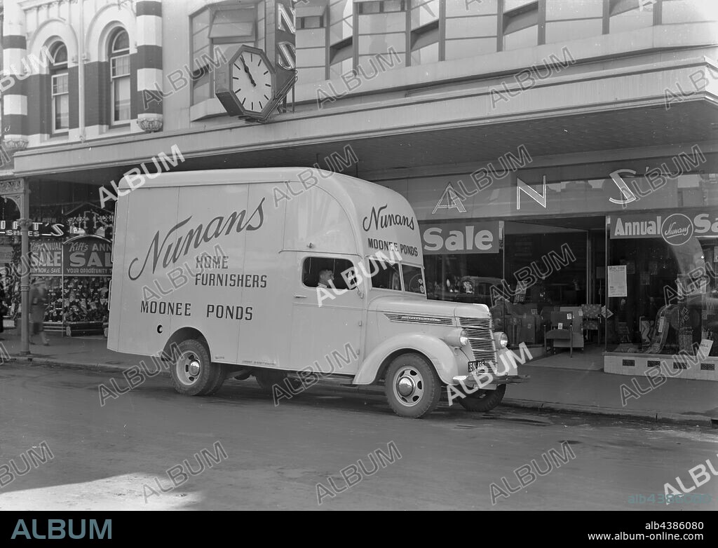Negative - International Harvester, D15 Van, Nunans Home Furnishers, Moonee Ponds, 1940, Part of a large collection of glass plate and film negatives, transparencies, photo albums, product catalogues, videos, motion picture films, company journals, advertisements and newspaper cuttings relating to the operations of the International Harvester Company and its subsidiaries in Australia. The International Harvester Company of America was formed in 1902 by the merger of five leading.