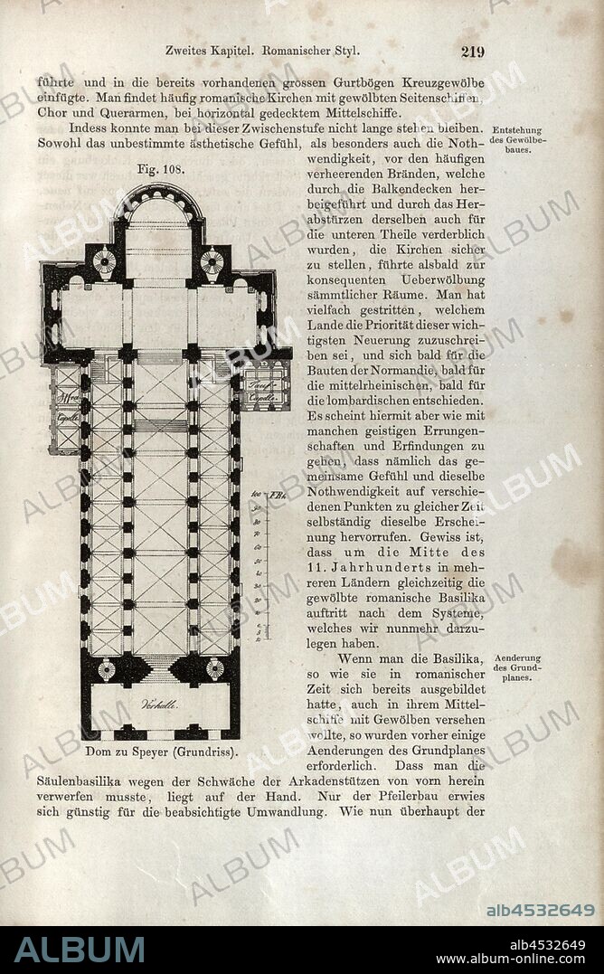 Cathedral of Speyer floor plan, Romanesque architecture, fig. 108, p. 219, Wilhelm Lübke: Geschichte der Architektur von den ältesten Zeiten bis auf die Gegenwart. Leipzig: Verlag von Emil Graul, 1855.