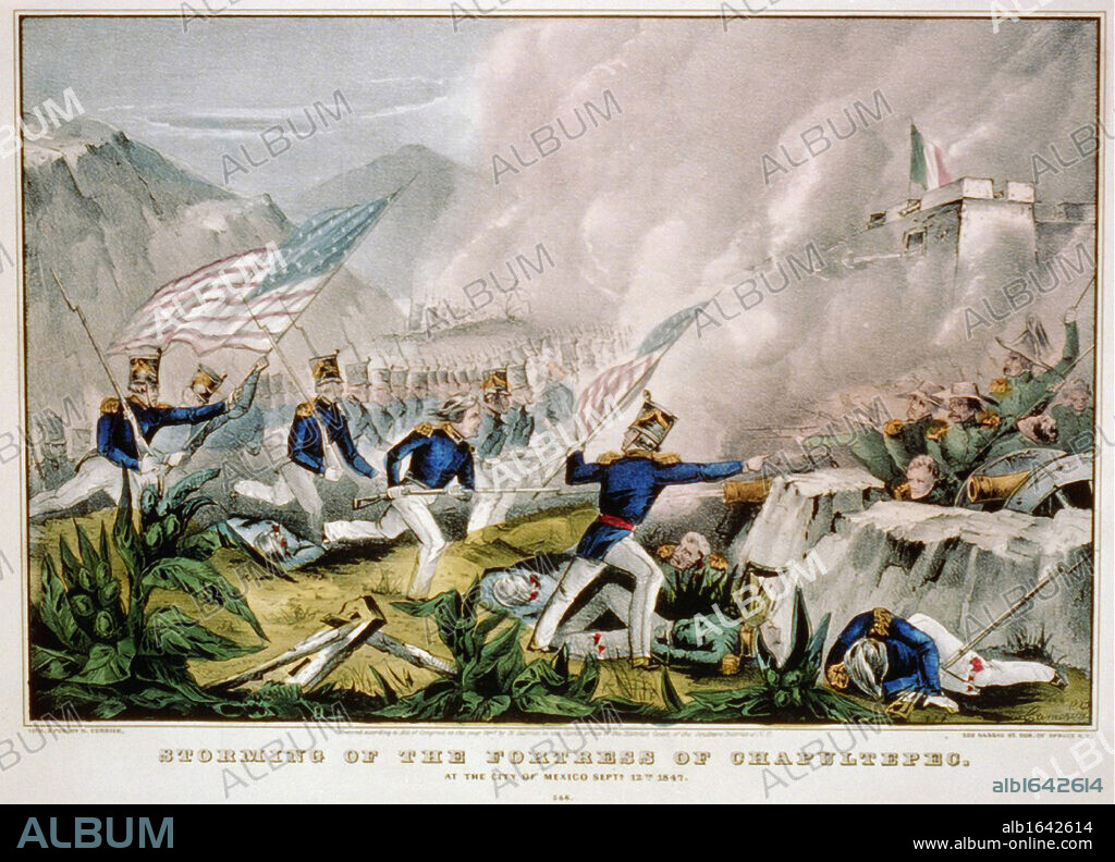 Mexican-American War 1846-1848: US forces under Winfield Scott storming the Fortress of Chapultepec,, Mexico City, 12 September 1847. Hand-coloured engraving.