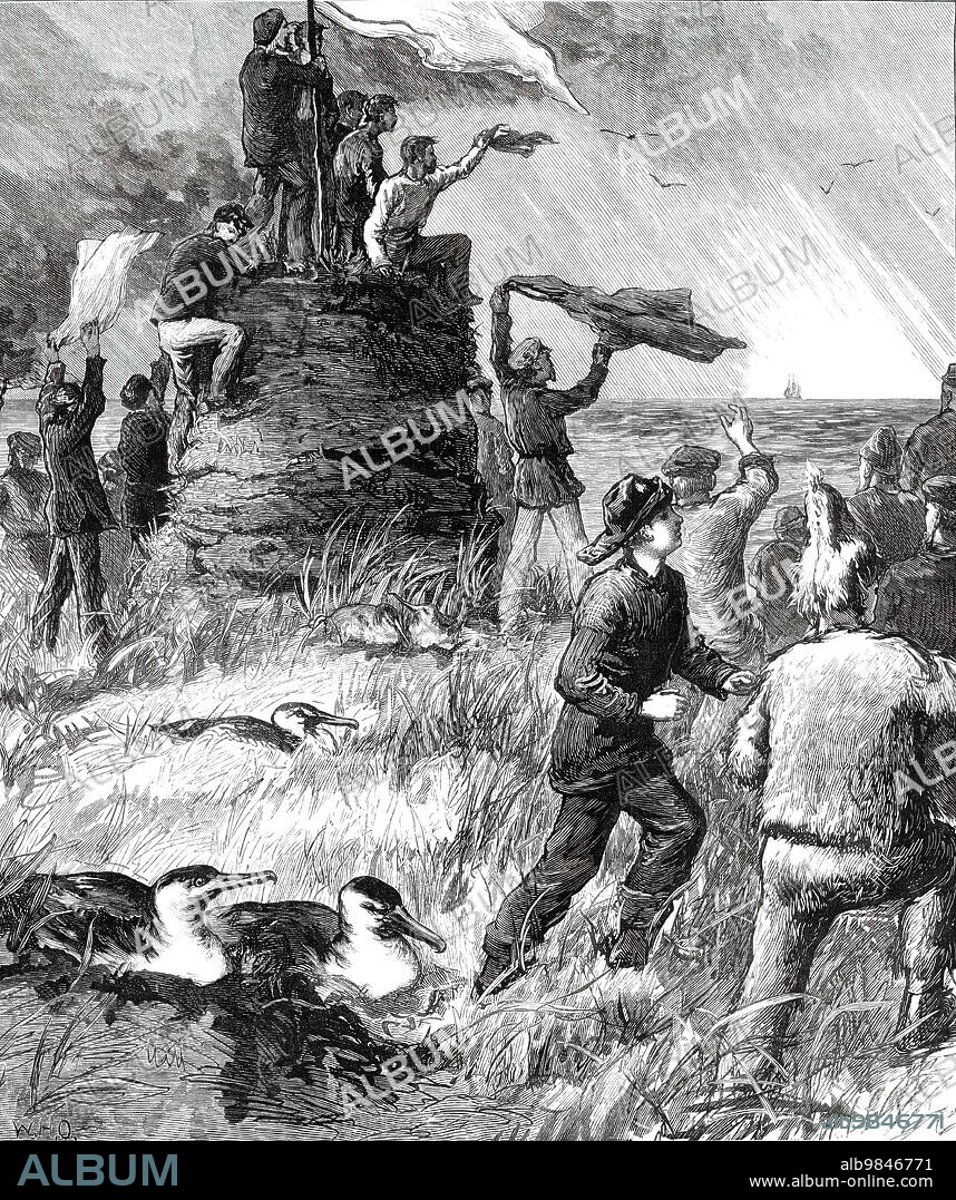 W. H. O.. Wreck of the Strathmore on the Crozet Islands: Turf Tower erected by the Survivors - making signals to a ship, from sketches supplied by Mr. Spencer Joslen, First-Class Passenger, 1876. 'The island seemed to me about three miles long, and half a mile broad at the widest part. There were no signs of anybody having been on the island before. There are two or three caves which run right through the island. We built up a tower of turf to the height of about 12 ft., and put an oar on top, and when we saw ships we used to signal with blankets. We saw four ships, two of which were very close. The fifth took us off. Though sometimes it seemed as if there was not another bird on the island we always managed to catch a few to keep us alive until they got more plentiful. We also ate a sort of herb, the top of which resembles carrot tops...Five of our number died on the island'. From "Illustrated London News", 1876.