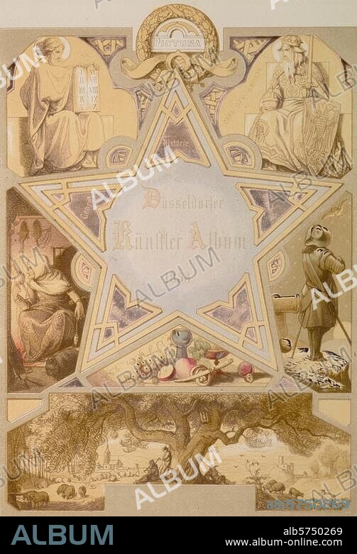Journalisme : "Düsseldorfer Künstler-Album" (Album d' artistes dusseldorfois),- Page de titre, "représentant les différents genres picturaux". Lithographie au crayon de Caspar Scheuren (. 1810-1887). Page de titre intérieure de la 3e année, Düsseldorf (Arnz & Co.) 1853. Berlin, Sammlung Archiv für Kunst und Geschichte.