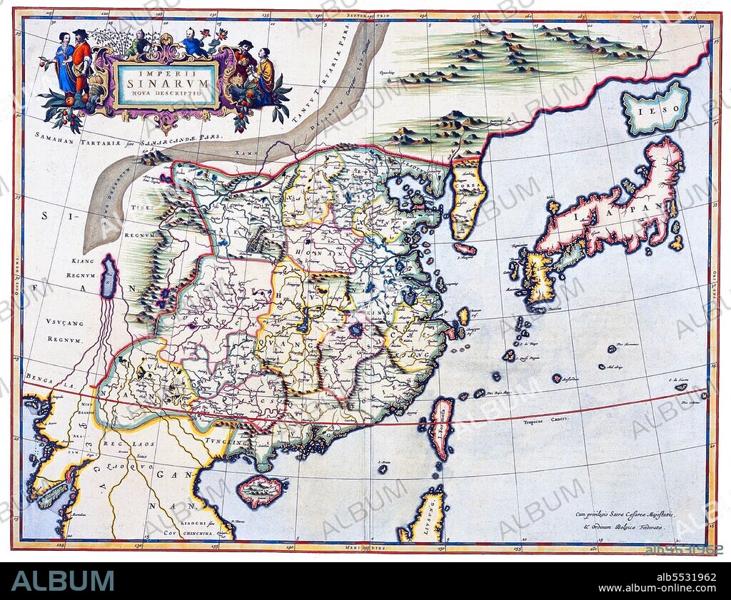 The Atlas Maior is the final version of Joan Blaeu's atlas, published in Amsterdam between 1662 and 1672, in Latin (11 volumes), French (12 volumes), Dutch (9 volumes), German (10 volumes) and Spanish (10 volumes), containing 594 maps and around 3000 pages of text. It was the largest and most expensive book published in the seventeenth century. Earlier, much smaller versions, titled Theatrum Orbis Terrarum, sive, Atlas Novus, were published from 1634 onwards.